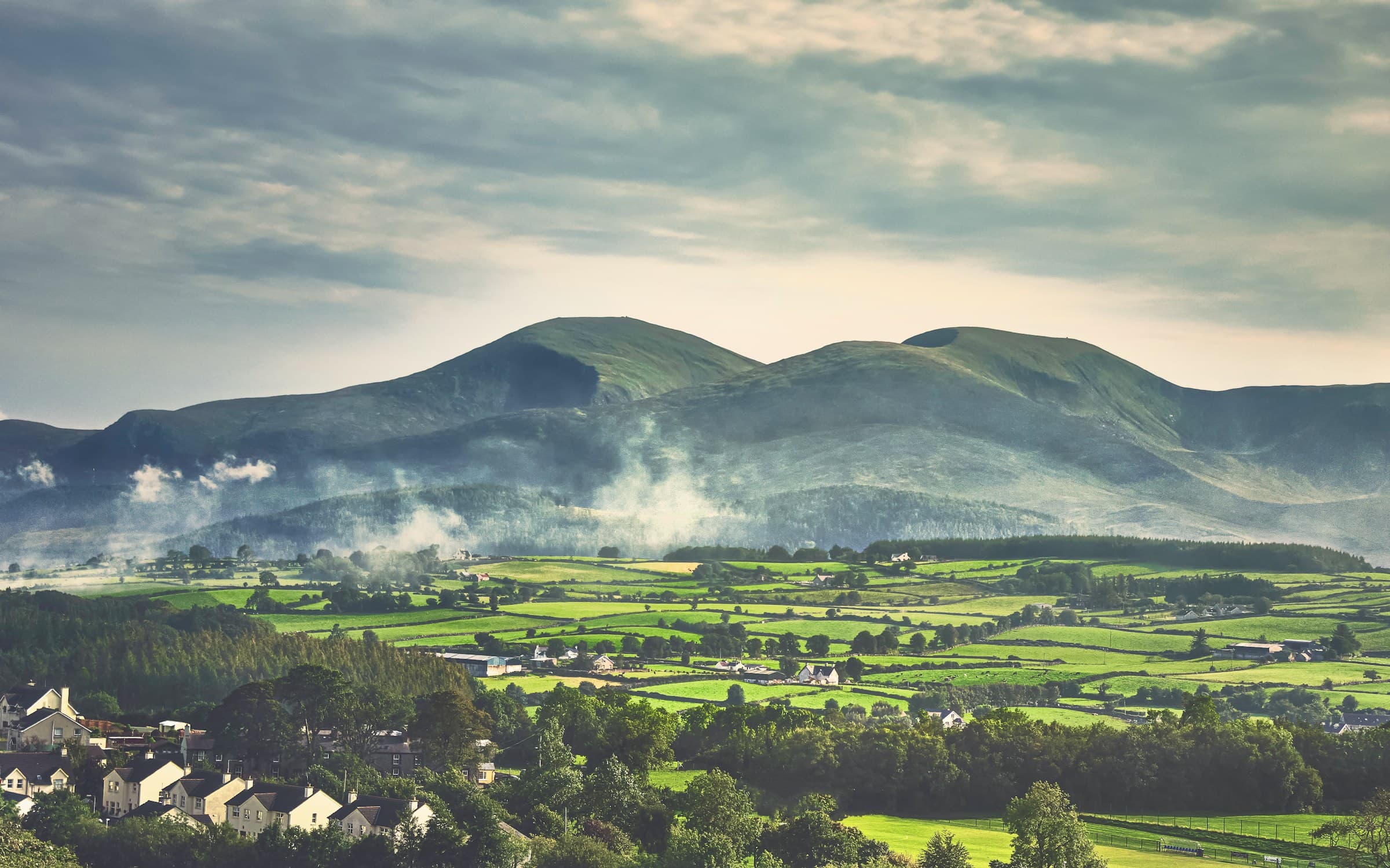 アイルランドの緑の草原と山